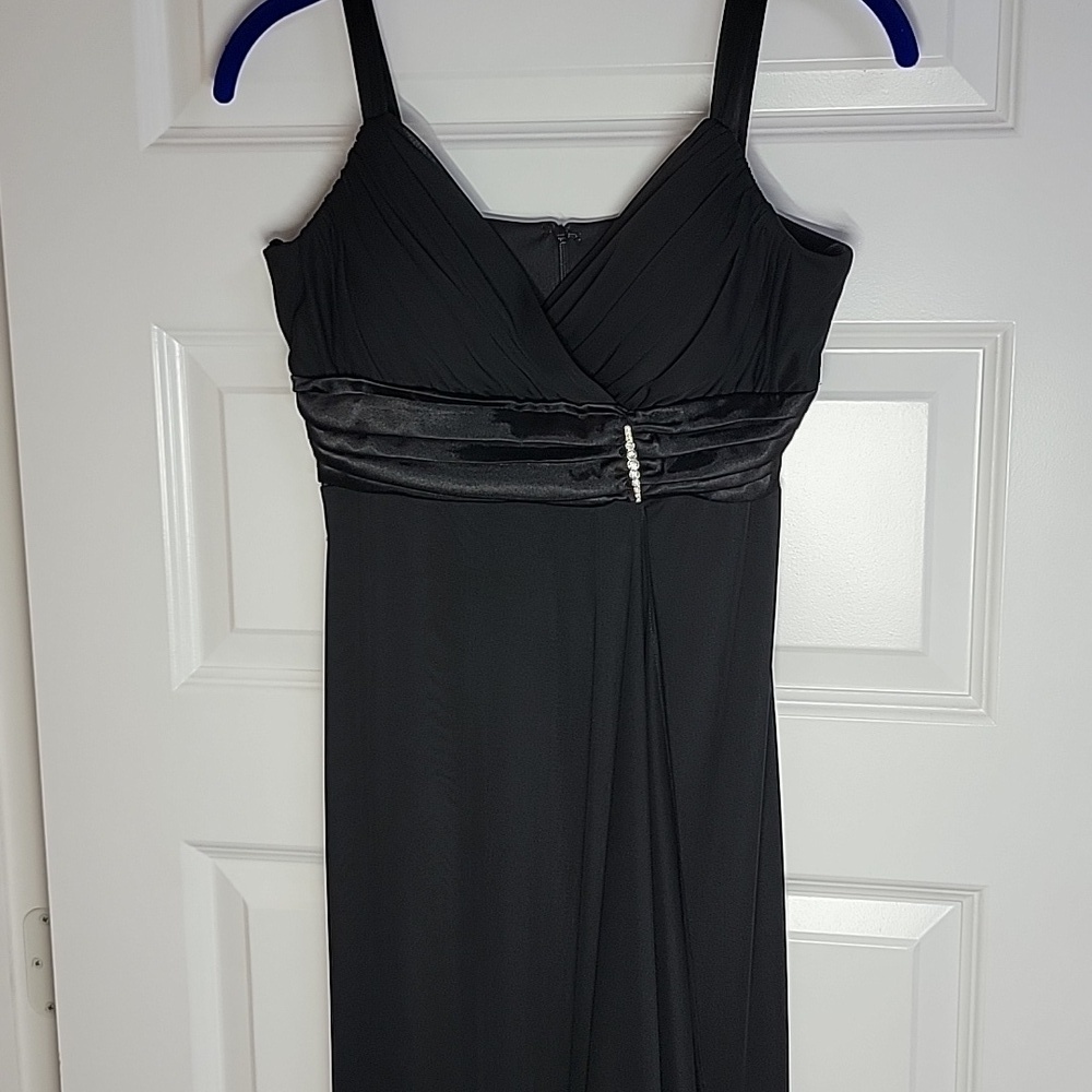 ONYX NITE LONG BLACK DRESS SATIN SASH BLING SZ 8
